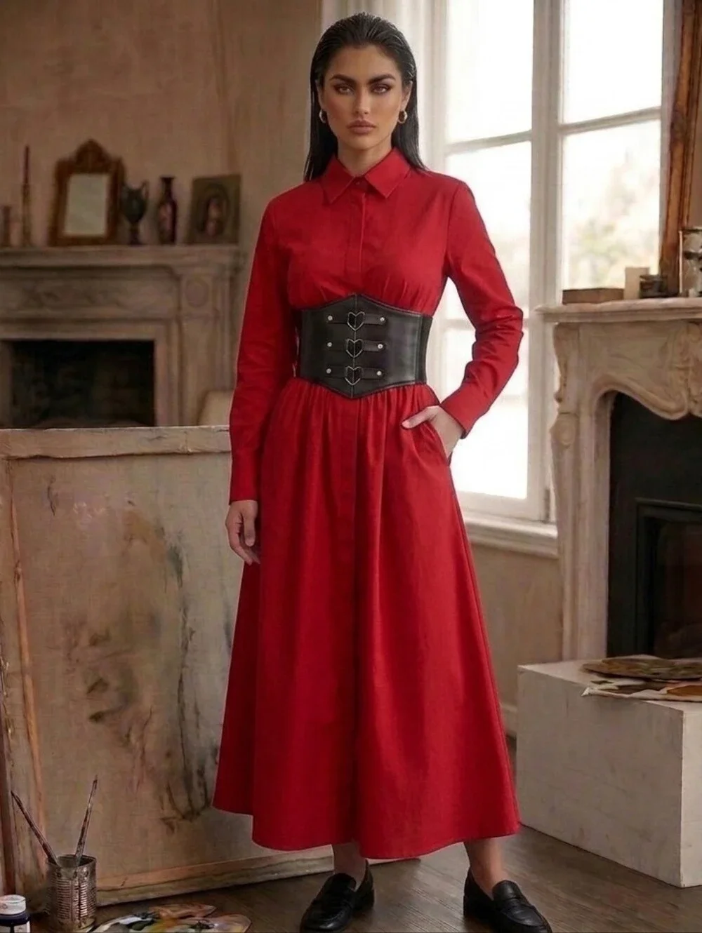 Corset Style‎ Triple Buckle Wide Belt Elastic Waist Band Faux Leather One Size